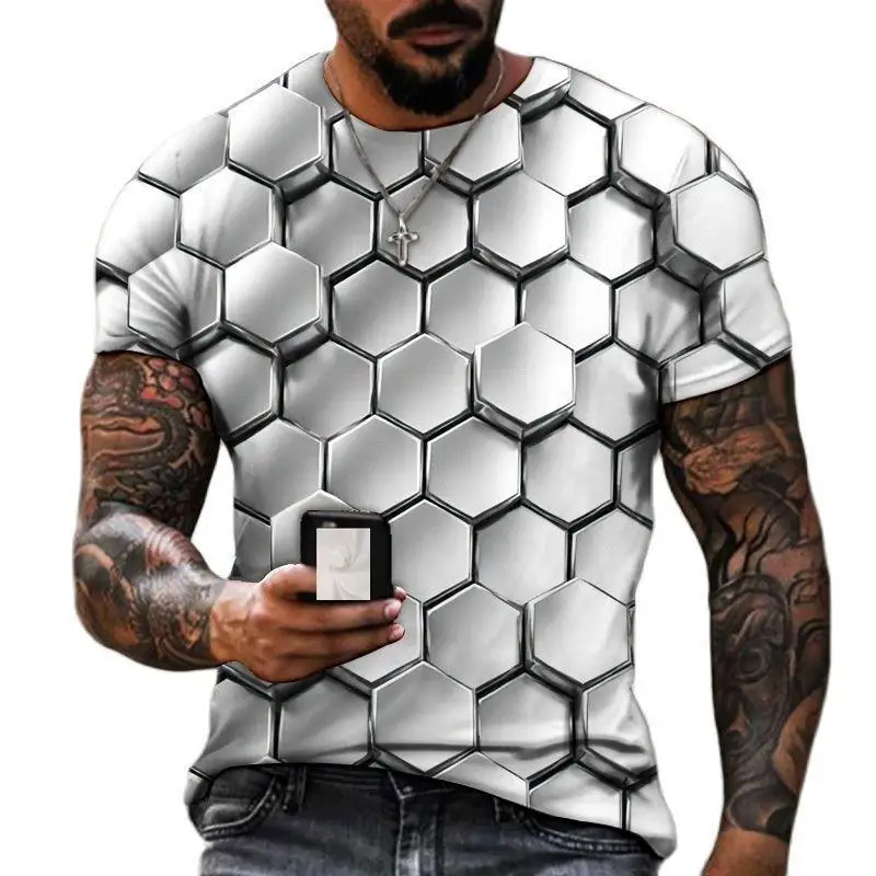 Men's 3D geometric print T-shirt, summer fashion hip-hop round neck short-sleeved top, abstract Harajuku style loose T-shirt