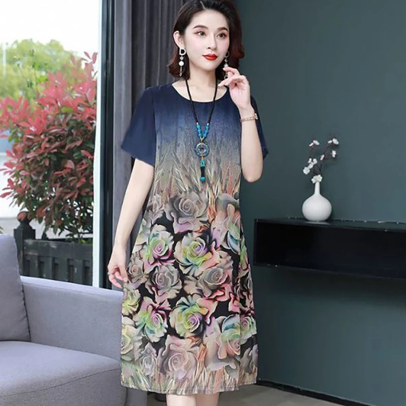 

Fashion O-Neck Loose Short Sleeve Printed Vintage Dress Women's Clothing 2024 Summer New Oversized Office Lady Floral Dress