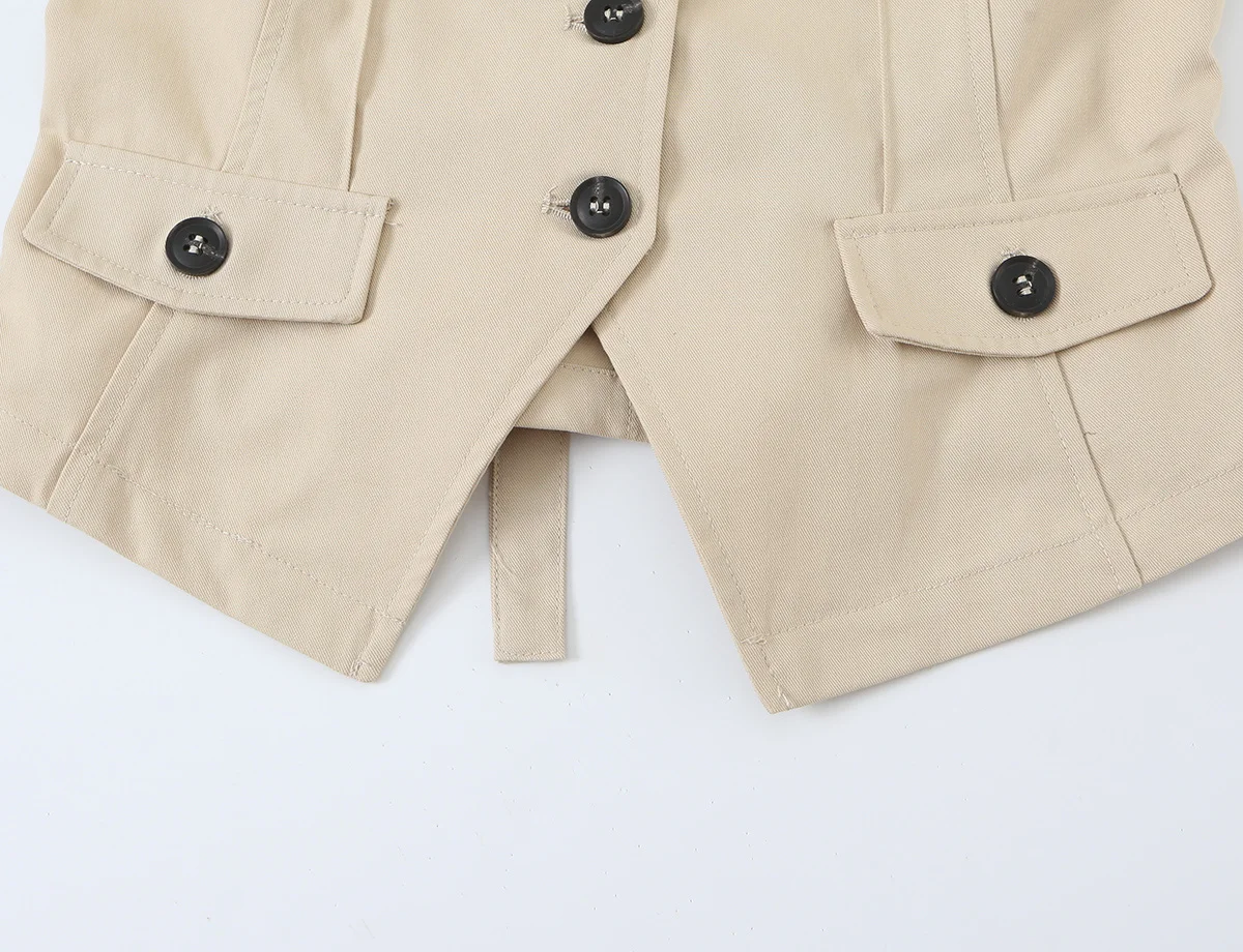 Herbstliche Damenweste mit Revers, einreihig, mit Schulterklappen-Dekor, einfarbig, ärmellos, kurz geschnitten, lässig, mit Ausschnitten, sexy Tanktop – Detail 8