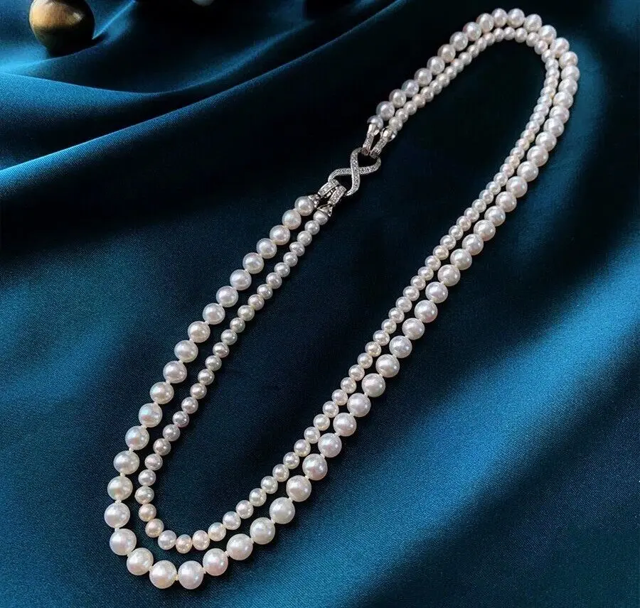 

Double Strands ROUND AAAA 4-5MM 7-8MM SOUTH SEA WHITE PEARL NECKLACE 18INCH