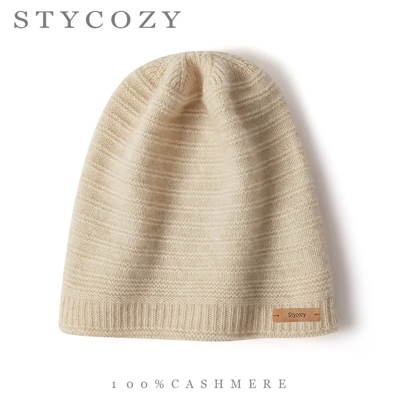 Unisex 100%Cashmere Minimalist Beanie Hat Fine Ribbed Horizontal Striped Knit Skull Cap Elastic Winter Daily Commute Headwear