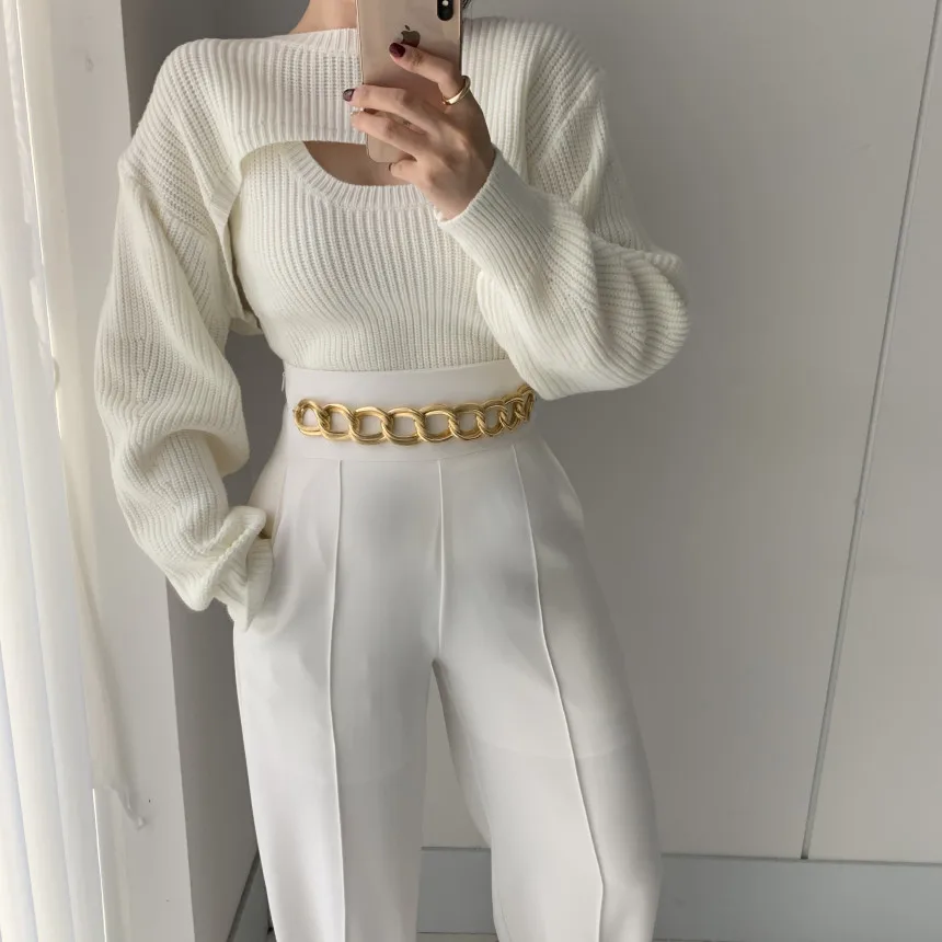 Long Sleeve Top Knitted Korean Fashion Solid Drop Shoulder Super Crop Sweater Sets Pullovers and Tank Tops 2 Pieces Set Knitwear