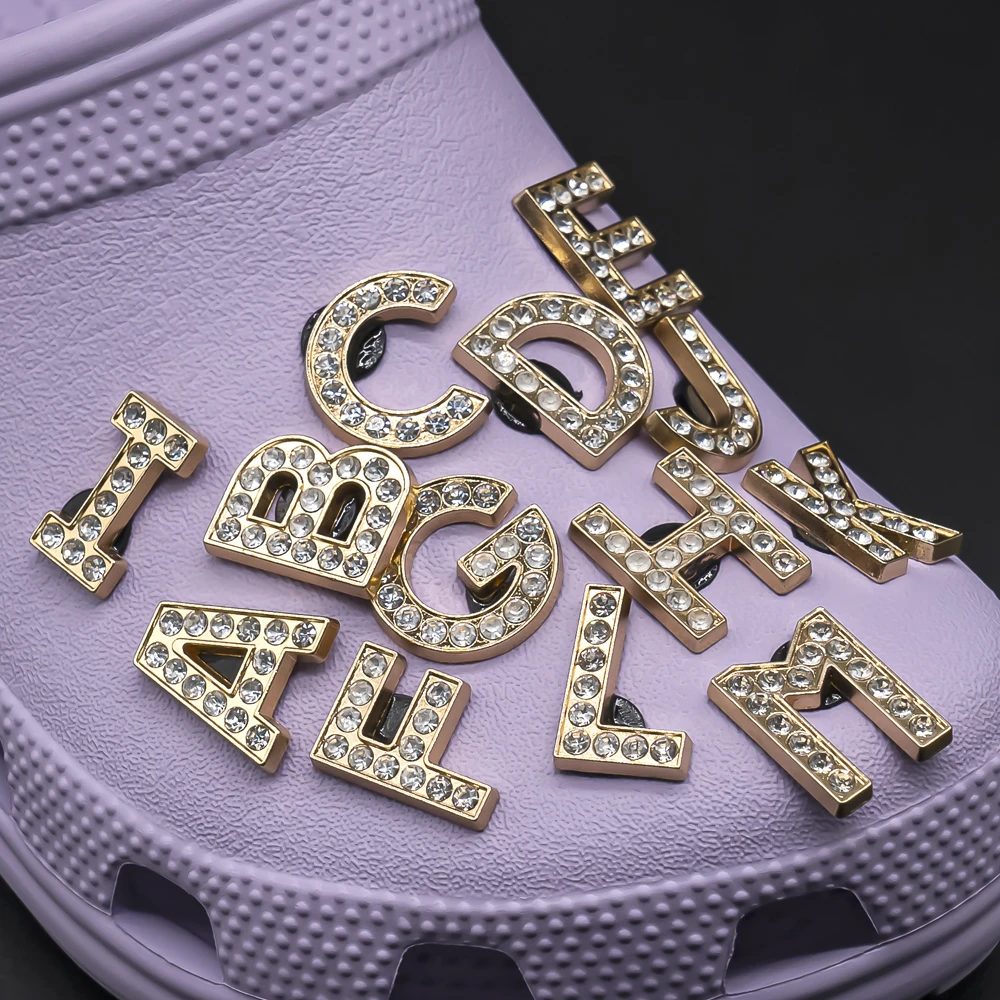 1 stücke Metall Gold Luxus Buchstaben Schuh Charms für Clog Alphabet Schuhe Dekorationen Pins für Frauen Mädchen Sandale DIY Party Gunst Geschenke – Detail 7