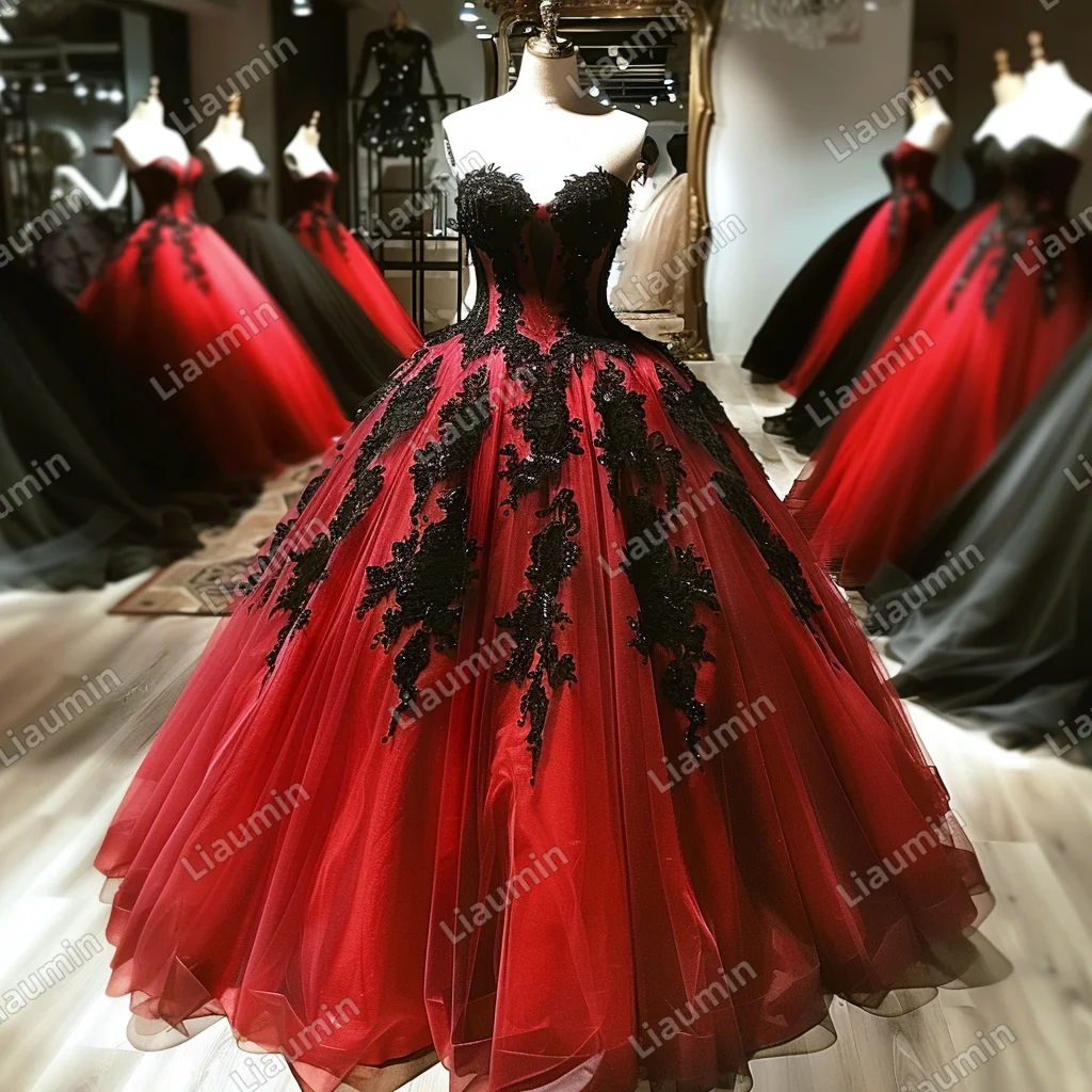 Exquisit Red Tulle With Black Lace Applique Beading Strapless Evening Prom Dress Princess Formal Occasion Custom Made J4-1.6