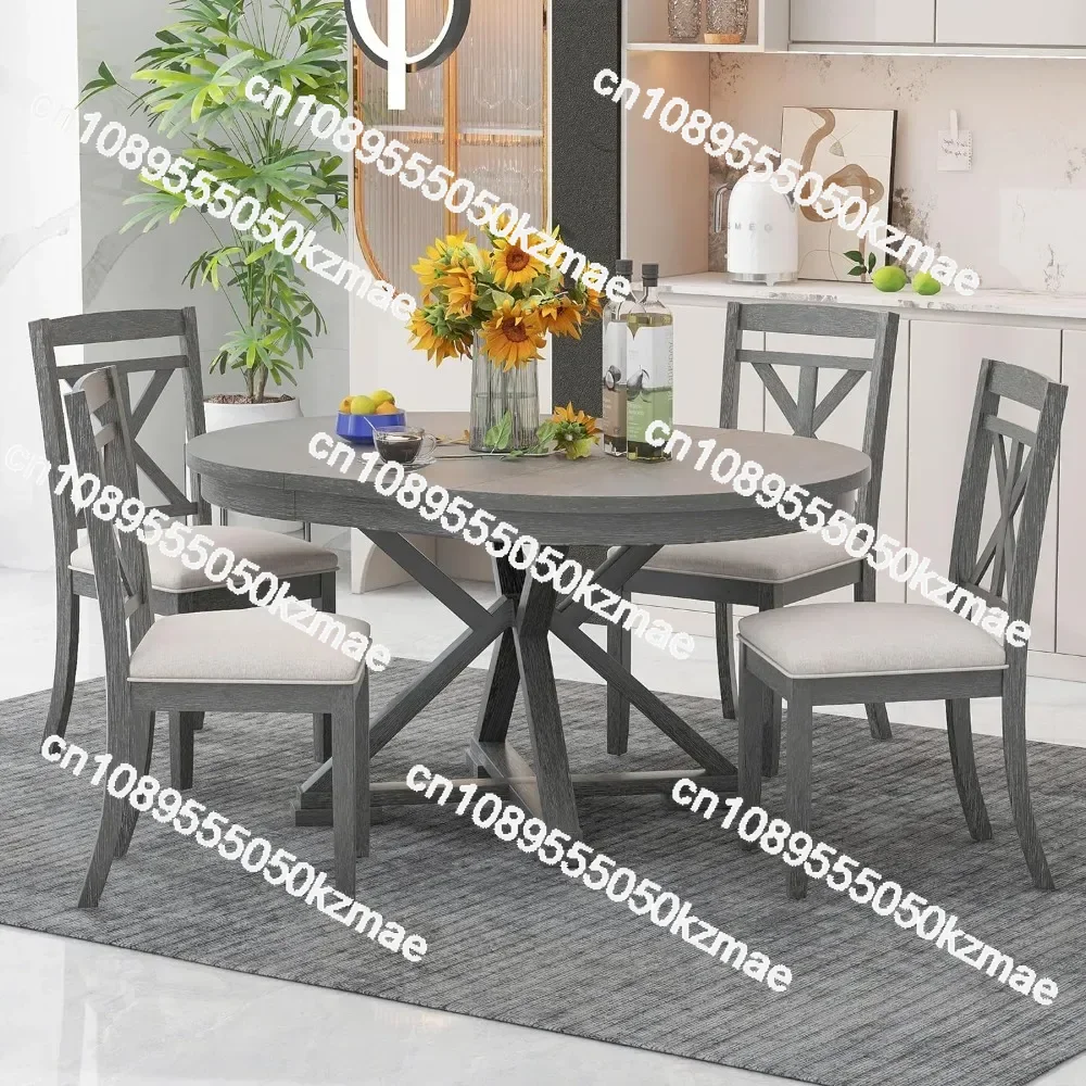 

5 Piece Retro, Functional Set,Extendable Round Table and 4 Upholstered Chairs for Dining Room and Kitchen,Gray