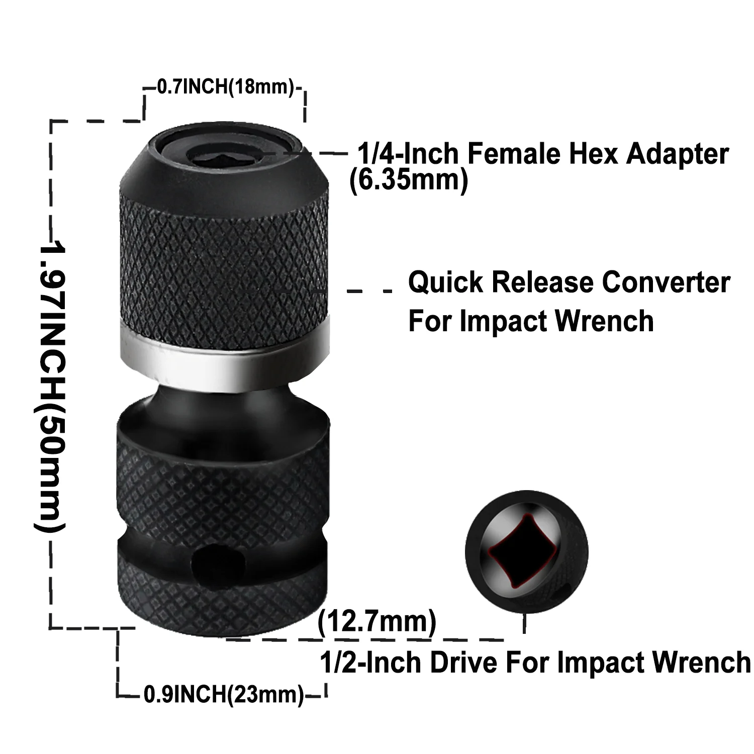 Quick Release 1/2-Inch Square Drive to 1/4-Inch Hex Female Socket Adapter Converter Chuck Adapter for Impact and Ratchet Wrench