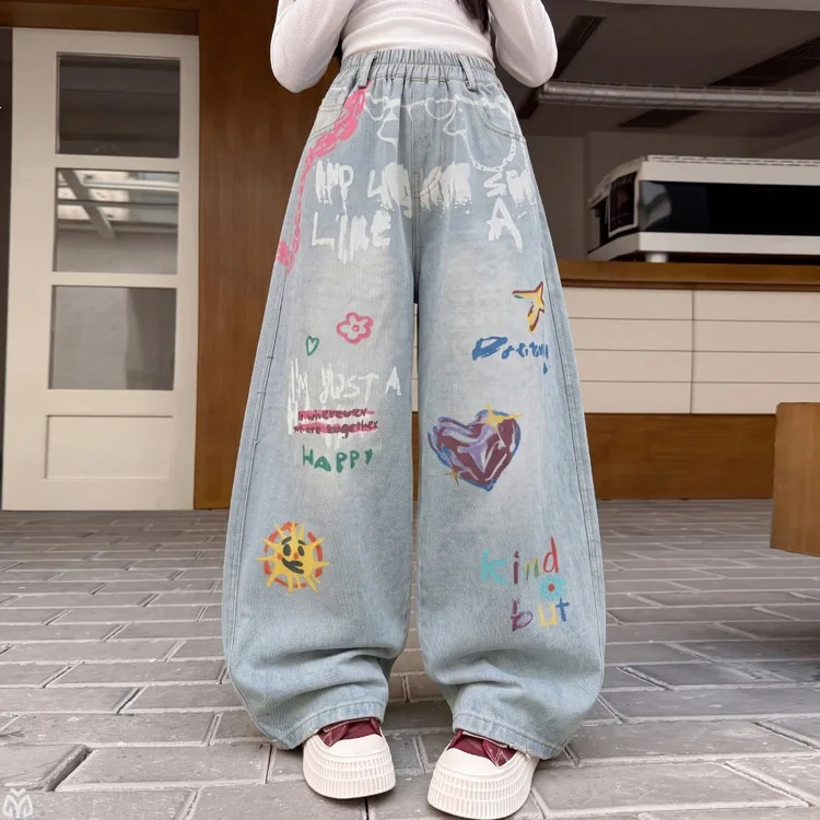 autumn teenager girls Chic graffiti Wide-leg jeans 4 8 10 12 14 junior kids Fun prints Curved blade pants child trousers clothes