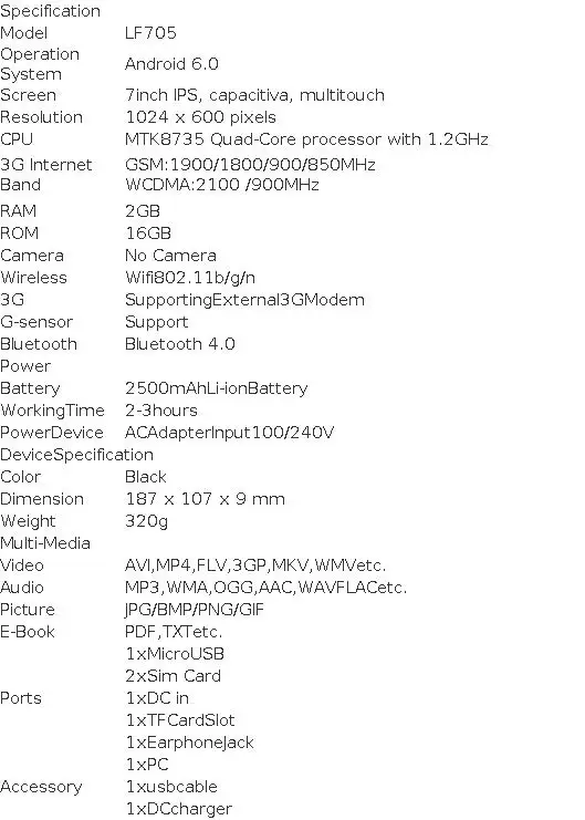 Android 6.0 Tablet 7” 3G Phone Call 2GB RAM 16GB ROM 2 X Sim Card 1024 X 600 Pixels MTK8735 Quad-Core