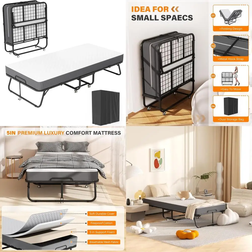 เตียงพับได้แบบพกพาพร้อมที่นอนเมมโมรี่โฟม ขนาด 75 x 38 นิ้ว โครงเหล็กพับได้ ประหยัดพื้นที่ เพื่อการนอนหลับที่สบาย