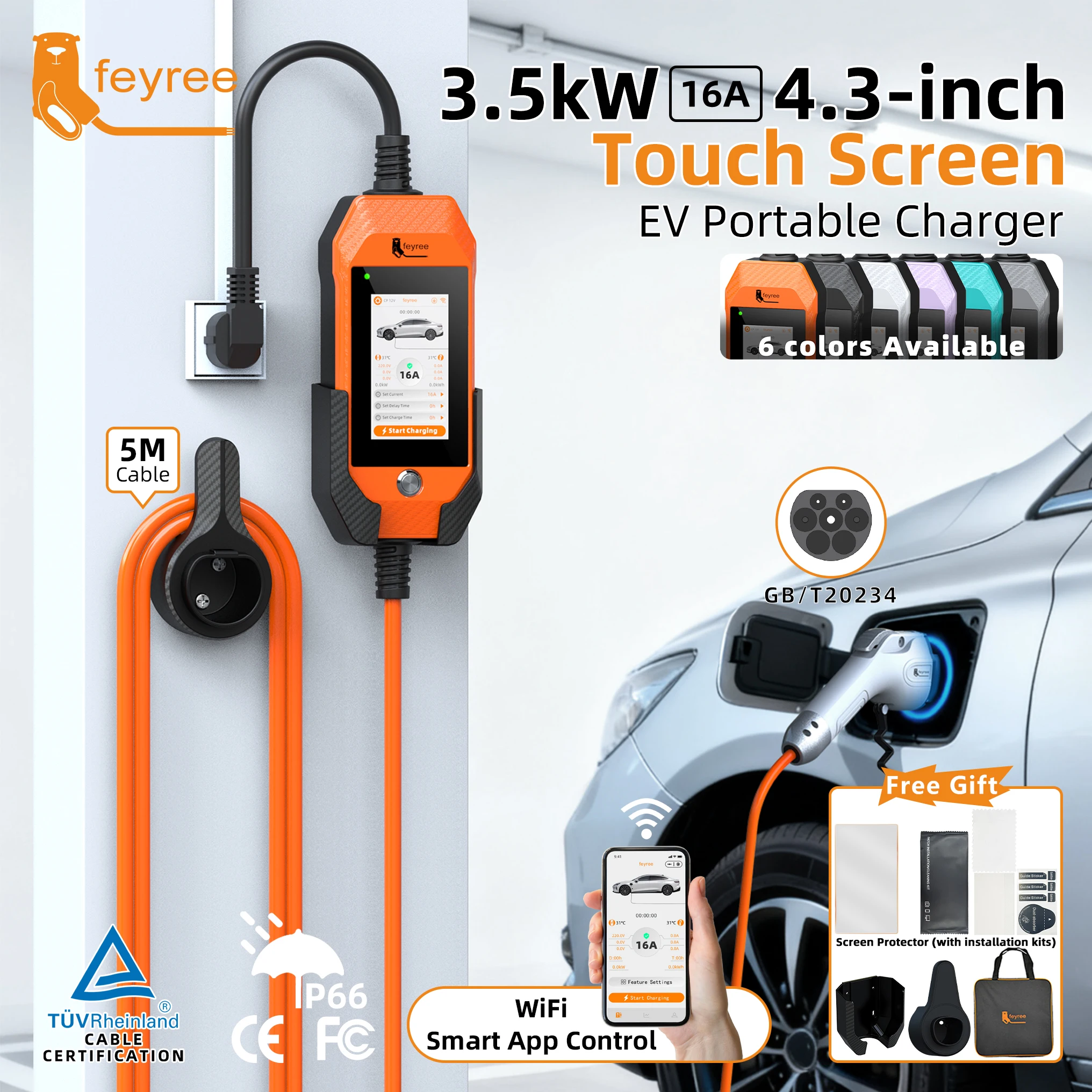 شاحن feyree GB/T EV 16A 3.5kW 1Phase 4.3 بوصة تعمل باللمس وتطبيق ذكي إصدار OTA تيار قابل للتعديل لشاحن السيارة الكهربائية #1