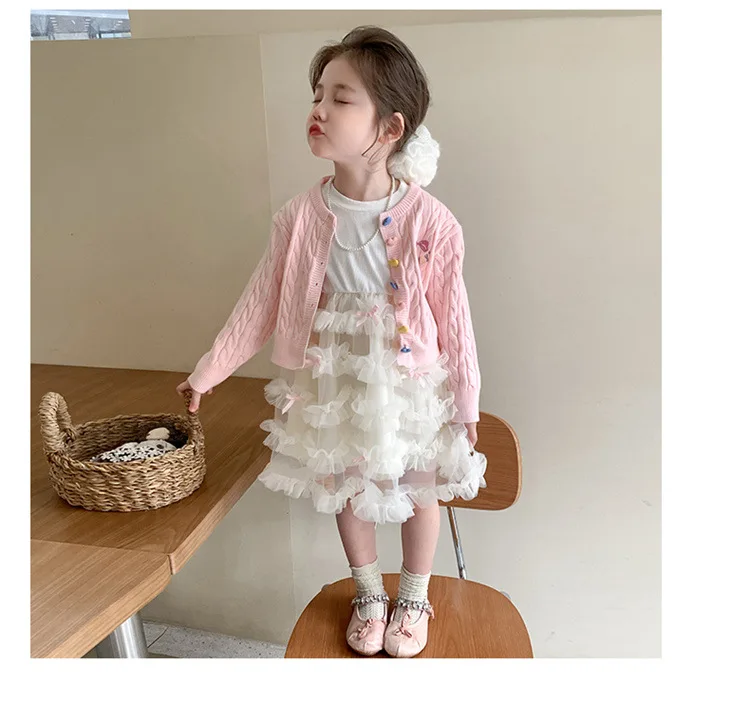 Terno da menina 2025 primavera e outono novas roupas infantis menina bebê moda doce cor botão cardigan bolo saia dois conjuntos