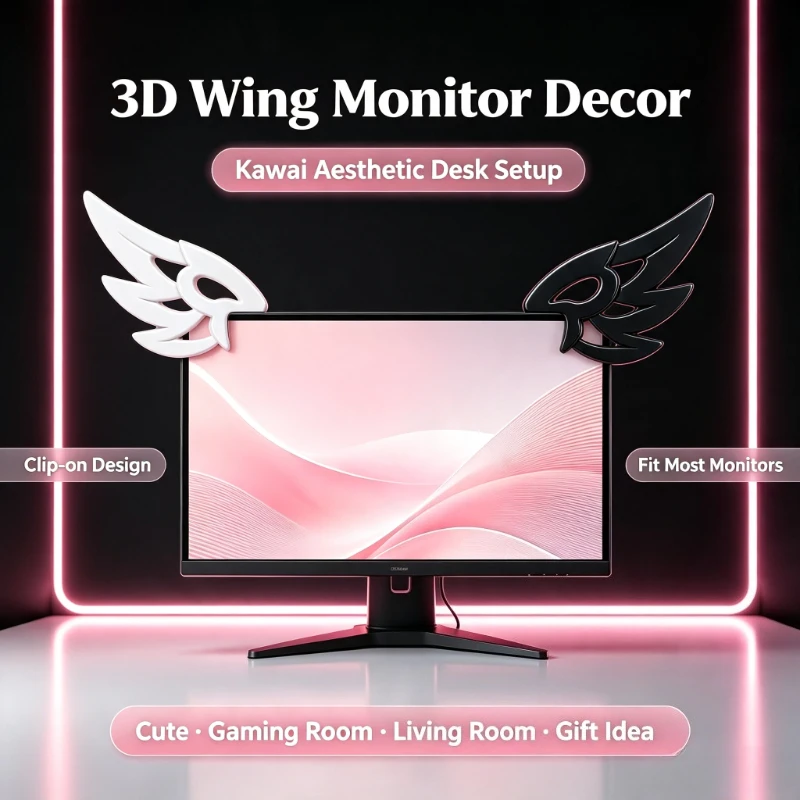 Kawaii 3D Wing Decor for Computer Monitor, Aesthetic E-Sports Desk Setup Ornament, Cute Desktop Accessory & Gift for Girls