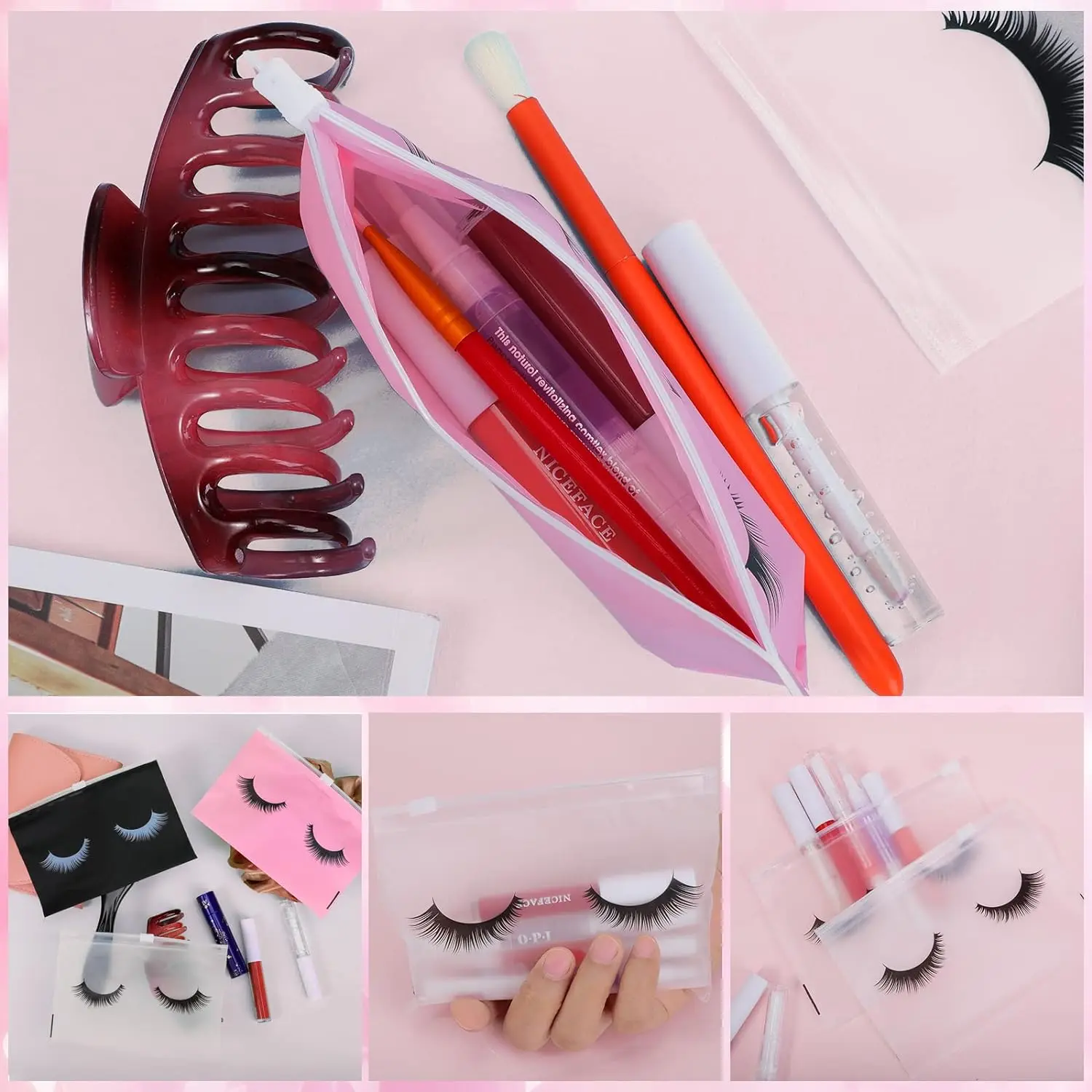 50pcs Plastic Eyelash Aftercare Bags Makeup Bags Toiletry Makeup Pouch Cosmetic Travel with Zipper Eyelash Supplies Wholesale