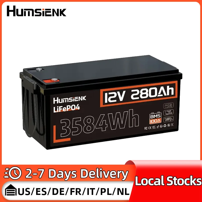 Humsienk 12V 280Ah Lithium Iron Phosphate Battery Packs Built-in 100A BMS Great A+ Cells For Camping, Boating, Fishing, etc