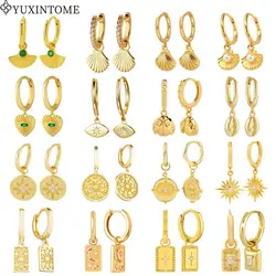 925 Silver Needle Square Pendant Hoop Earrings Vintage Gold Earrings For Women Shell Pendant Earring Fashion Jewelry Accessories