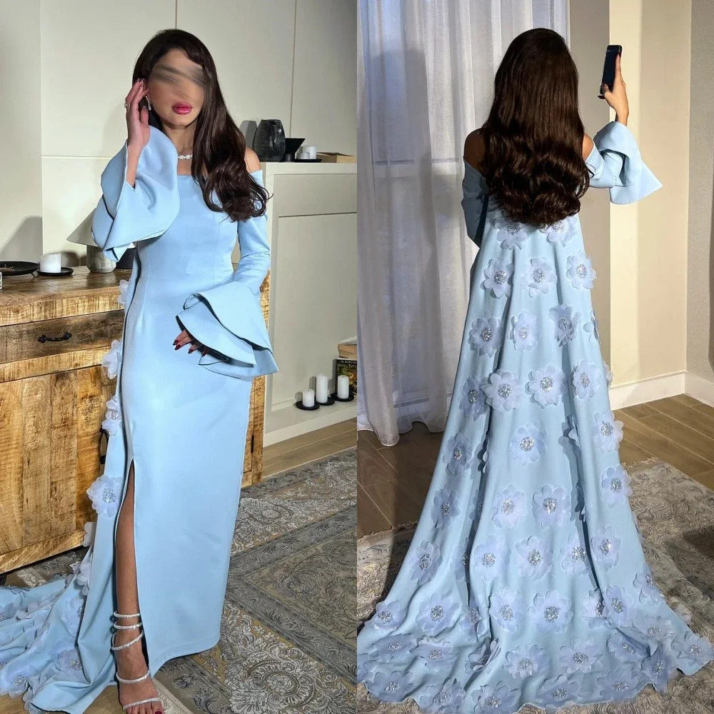 Sky Blue Off-the-shoulder Evening Dresses Women Sexy Side Split Flared sleeves Banquet Gowns 3D Floral Celebrity Prom Dress