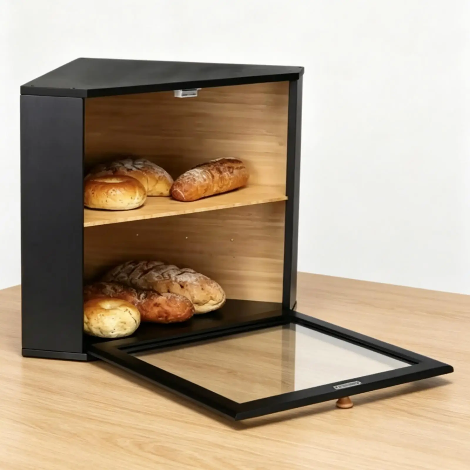 Corner Bread Box Transparent Acrylic Door Corner Storage Box Fixed Shelf Wooden Bread Holder
