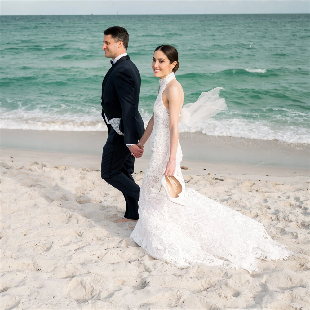 20293 #   Impresionante vestido de novia de sirena con cuello Halter para novia 2024 vestido de novia sin espalda de encaje personalizado romántico hecho a medida