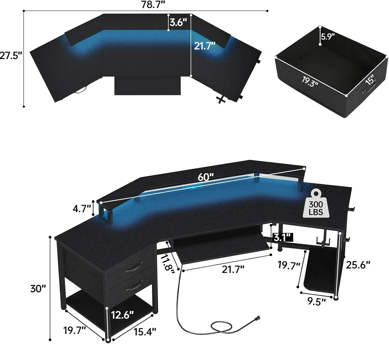 SEDETA 79-Zoll-Gaming-Schreibtisch, Computertisch mit 2 Stoffschubladen und LED-Lichtern, L-förmiger Gaming-Schreibtisch mit Ablagefach für das Home Office