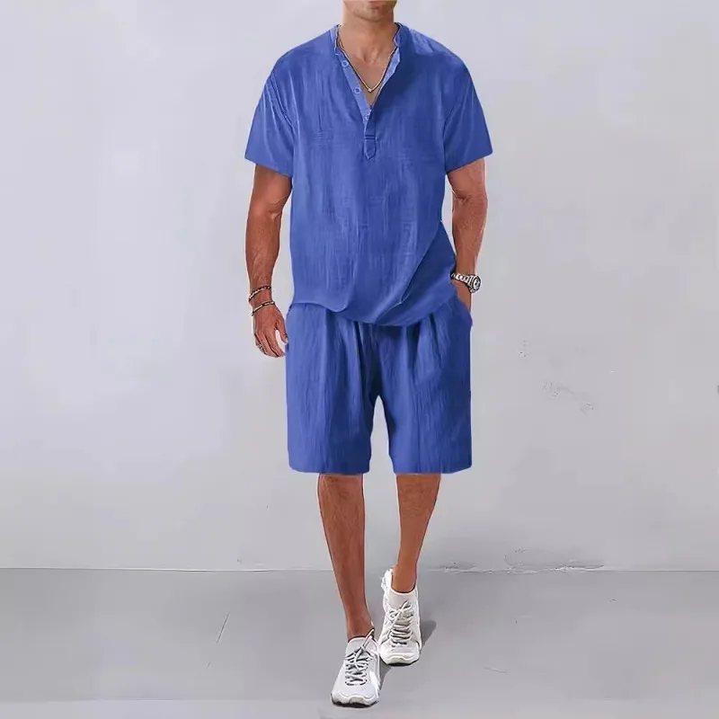 Fashion Men Sets Mens Solid Color Summer Stand Collar Linen Outfits Short Sleeve Polo Shirt+Shorts Two Pieces Men Casual Suit