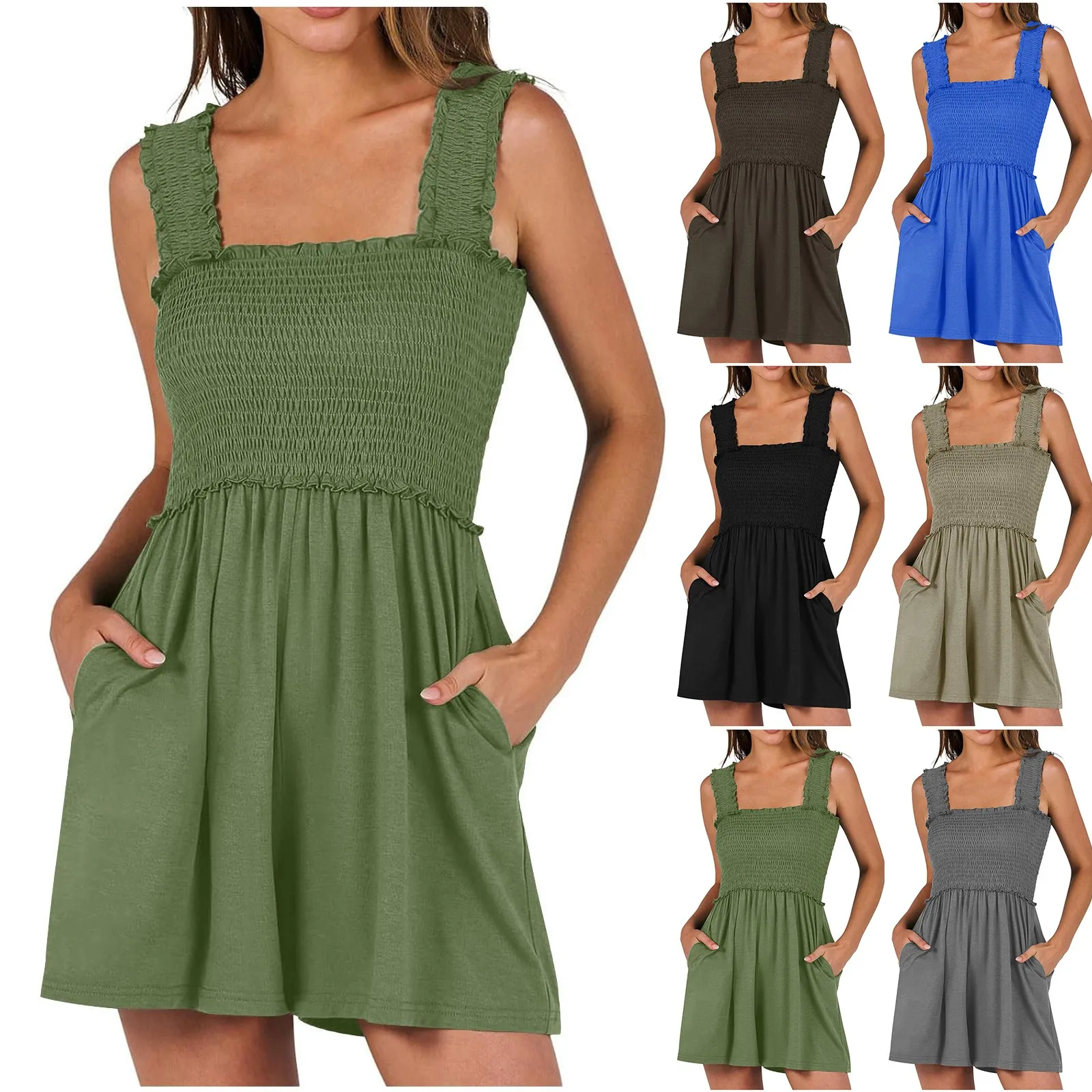 Women'S Summer Rompers Casual Solid Square Neck Sleeveless Smocked Playsuits High Waist Loose Straight Playsuits With Pockets