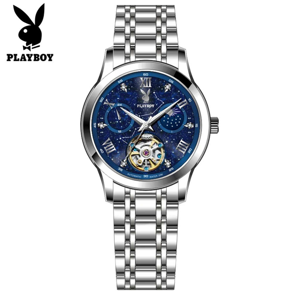 PLAYBOY Automatische Damenuhren, Edelstahl, Sternenhimmel, Skelett, Schwungrad, Luxusmarke, mechanische Damen-Armbanduhren, 3057