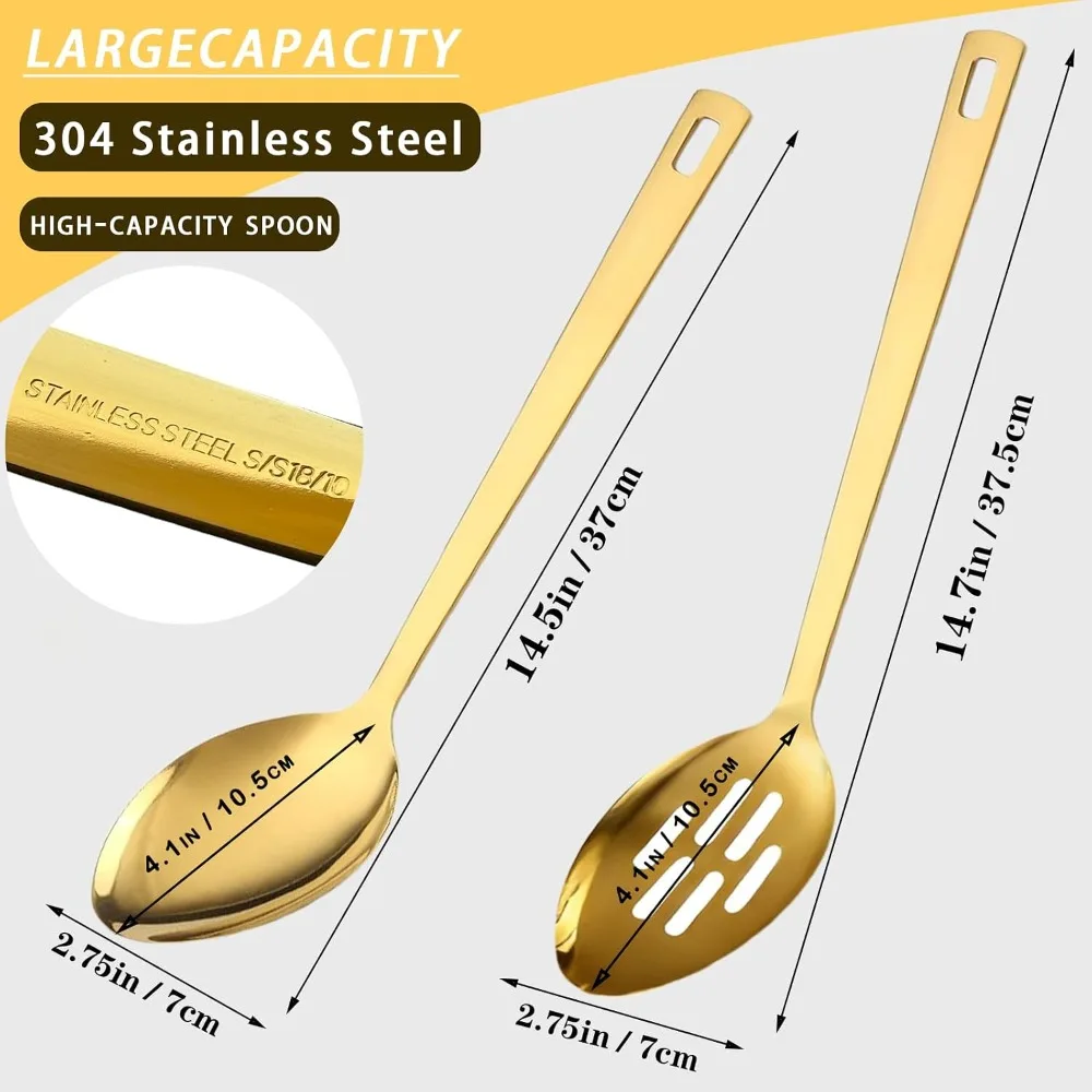 Large Serving Spoons Set, 304 Metal Slotted Spoon Cooking Spoon Buffet Spoons Set for Serving, Tabletop Flatware Utensil, Gold