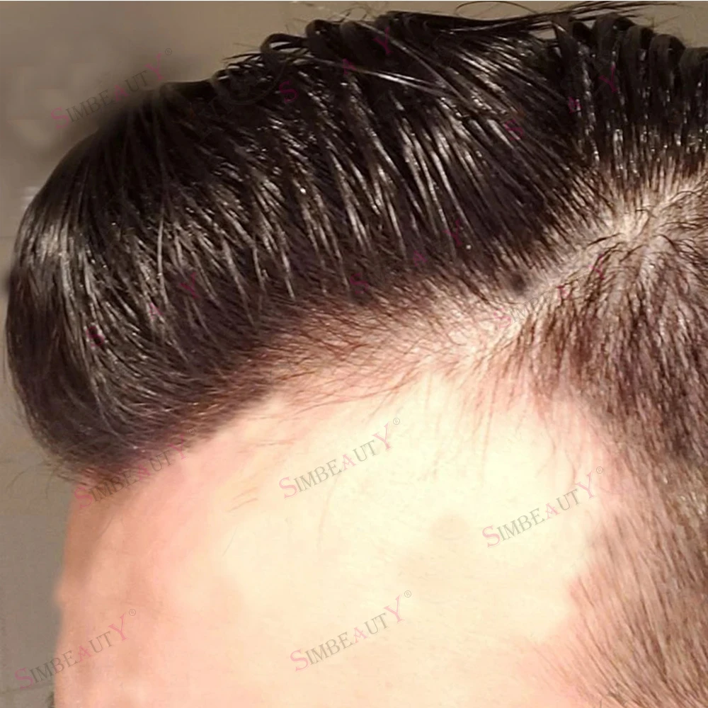 Wig rambut manusia pria tahan lama Toupee atasan renda Mono dengan hiasan rambut dasar Pu kulit sistem pengganti lurus prostesis rambut pria