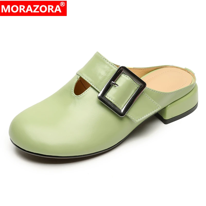 

MORAZORA/2025 Новая обувь из натуральной кожи, женские тапочки с пряжкой на низком каблуке, модные сабо с круглым носком, женская обувь, вечерние повседневная обувь