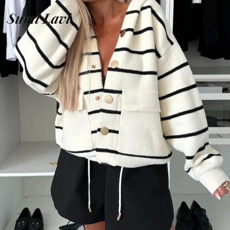 Fashion Striped Cardigan Jackets Elegant Single Breasted Hooded Sweatshirts Women Casual Long Sleeve Pockets Loose Hoodie Coats