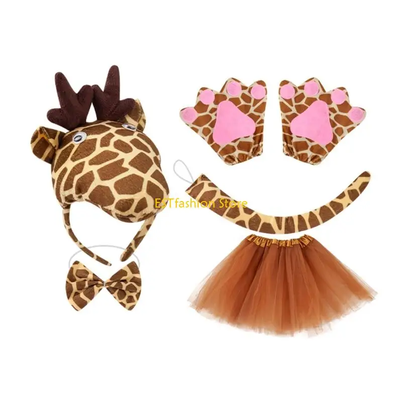 

Y5GC Animal Giraffe Costume Ear Headband,Bows,Paws Gloves Tail for Halloween Cosplay