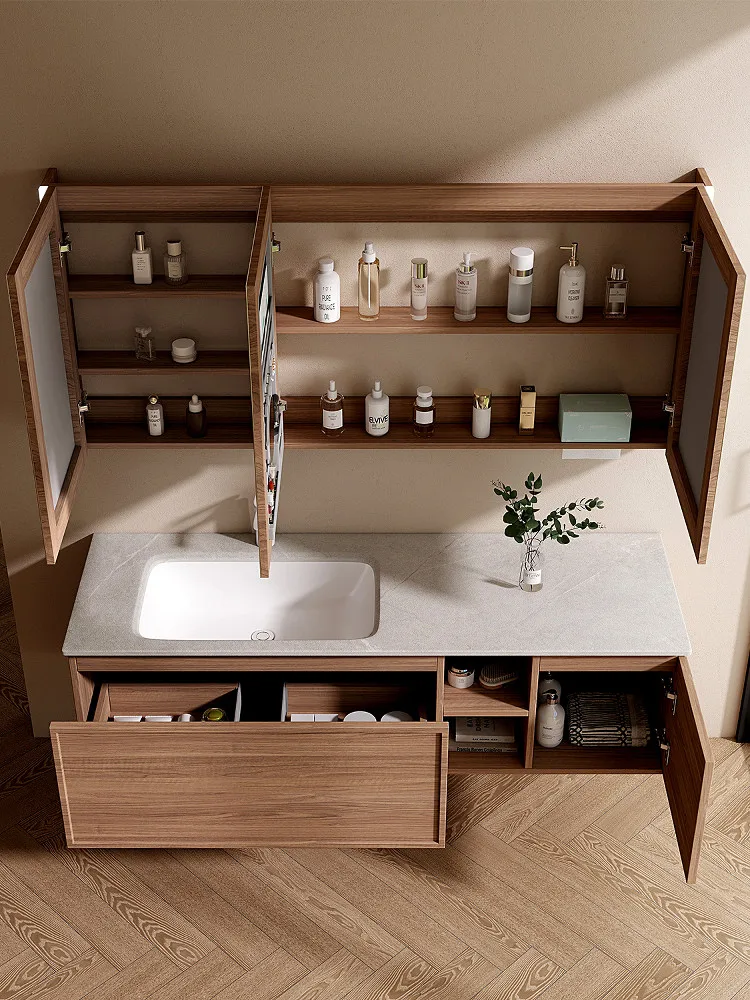 High-end custom large size bathroom cabinet slate ceramic seamless integrated basin wash basin cabinet