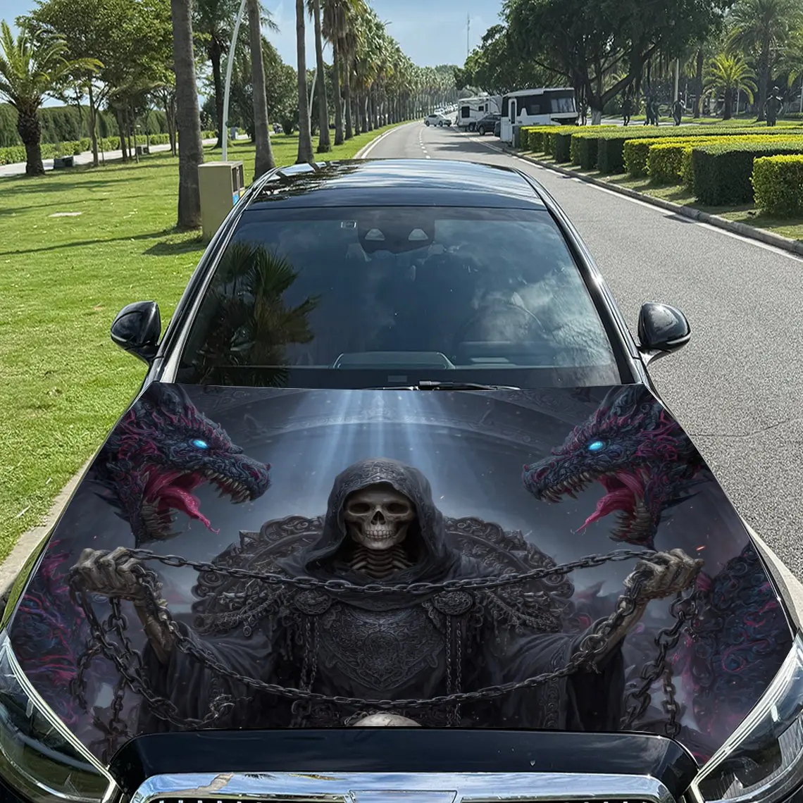 Dual - Magic Dragon Reaper Pattern car hood stickers, waterproof self-adhesive, scratch resistant, easy to stick, durable car PV