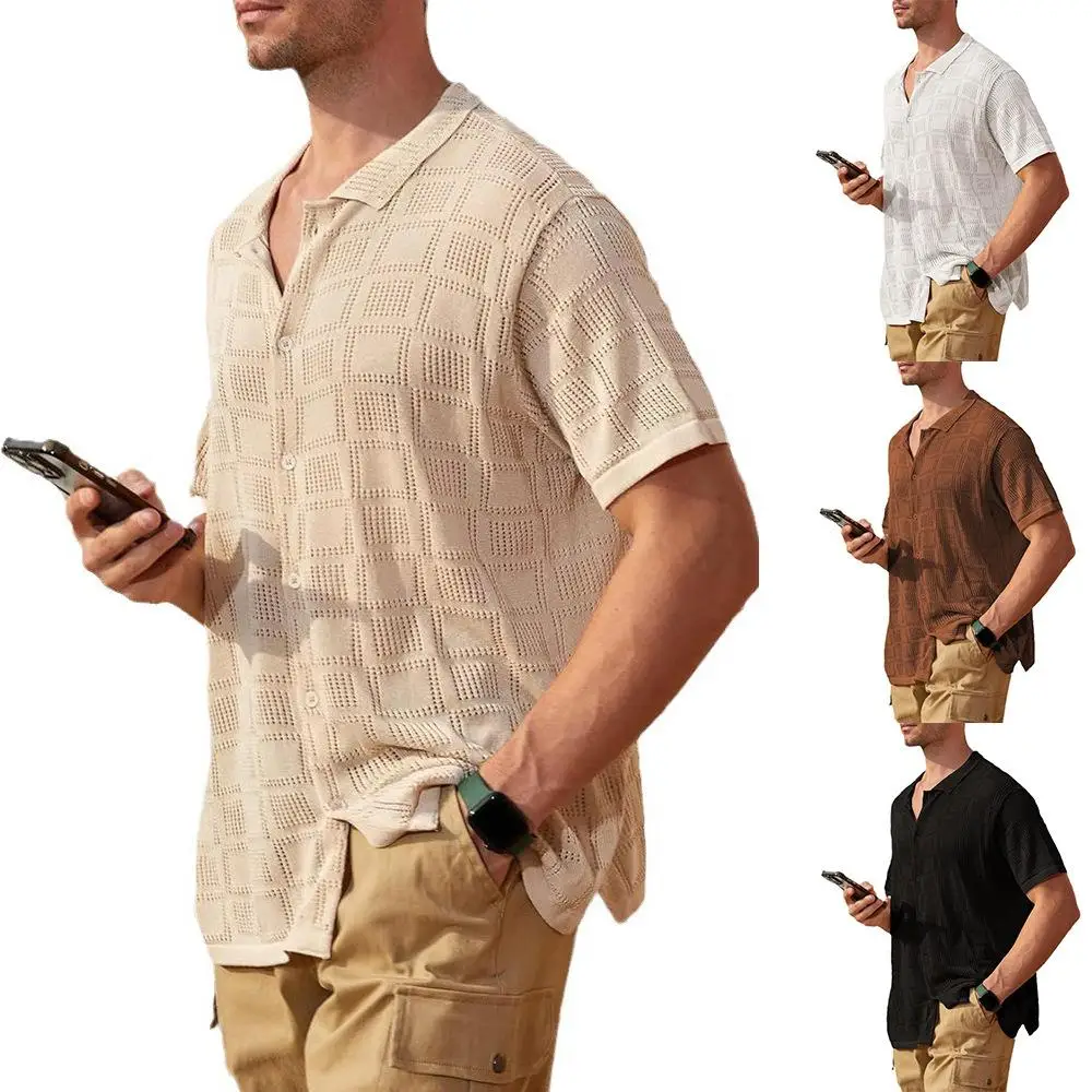 Men's Short Sleeve Shirt Hollowed out Collar Easy Care Lightweight Summer Thin Material Pure Color Casual Business Shirt