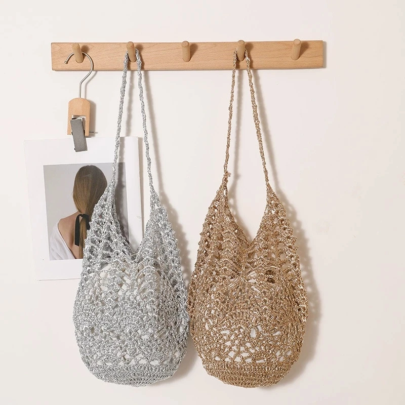 

Hylhexyr Fashion Metallic Thread Straw Shoulder Bag Women's Hollow Woven Beach Handbag Summer Tote Bags