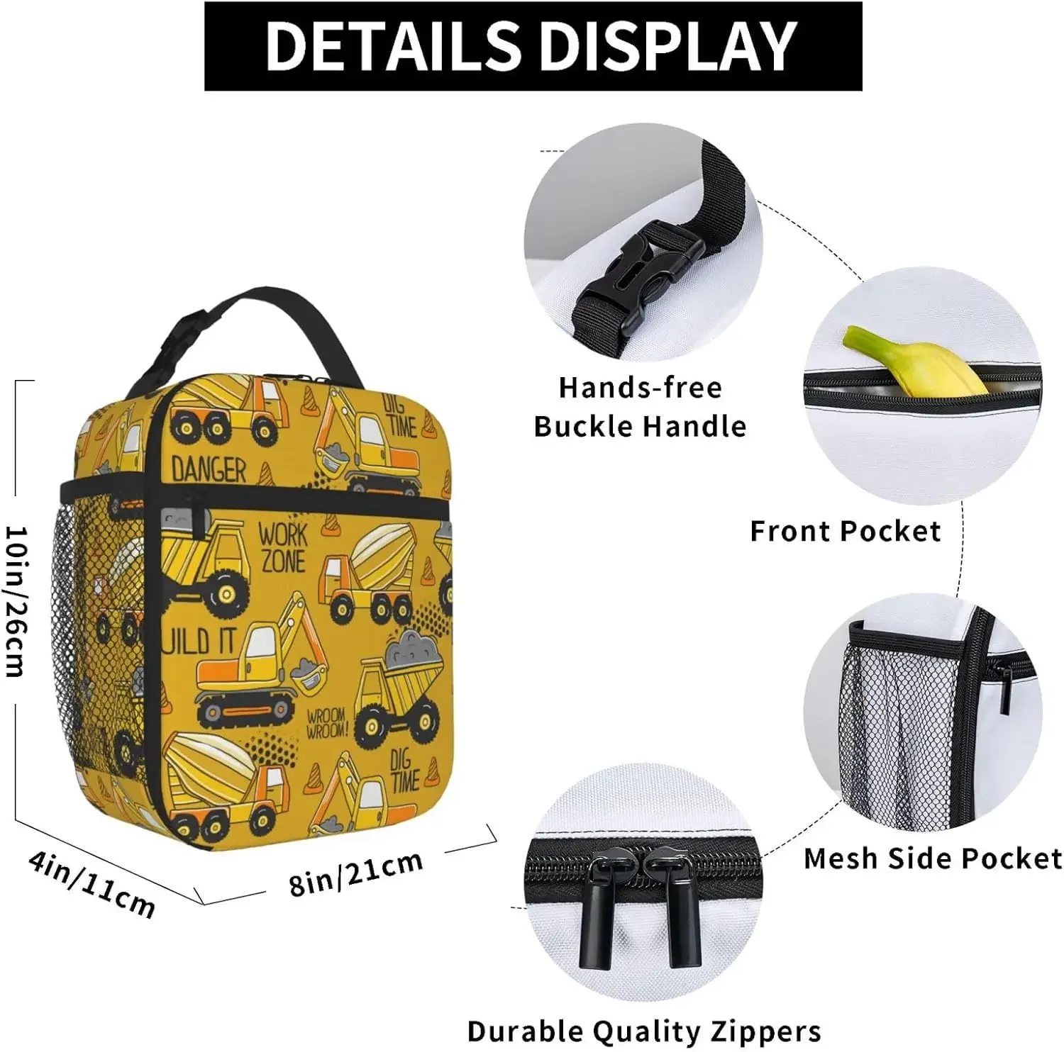 Yellow Truck Lunch Bag  for Girls Boys,Bento Lunch Box Cooler Bag with Front Pocket for Women Men Work/Office/School/Picnic image 5