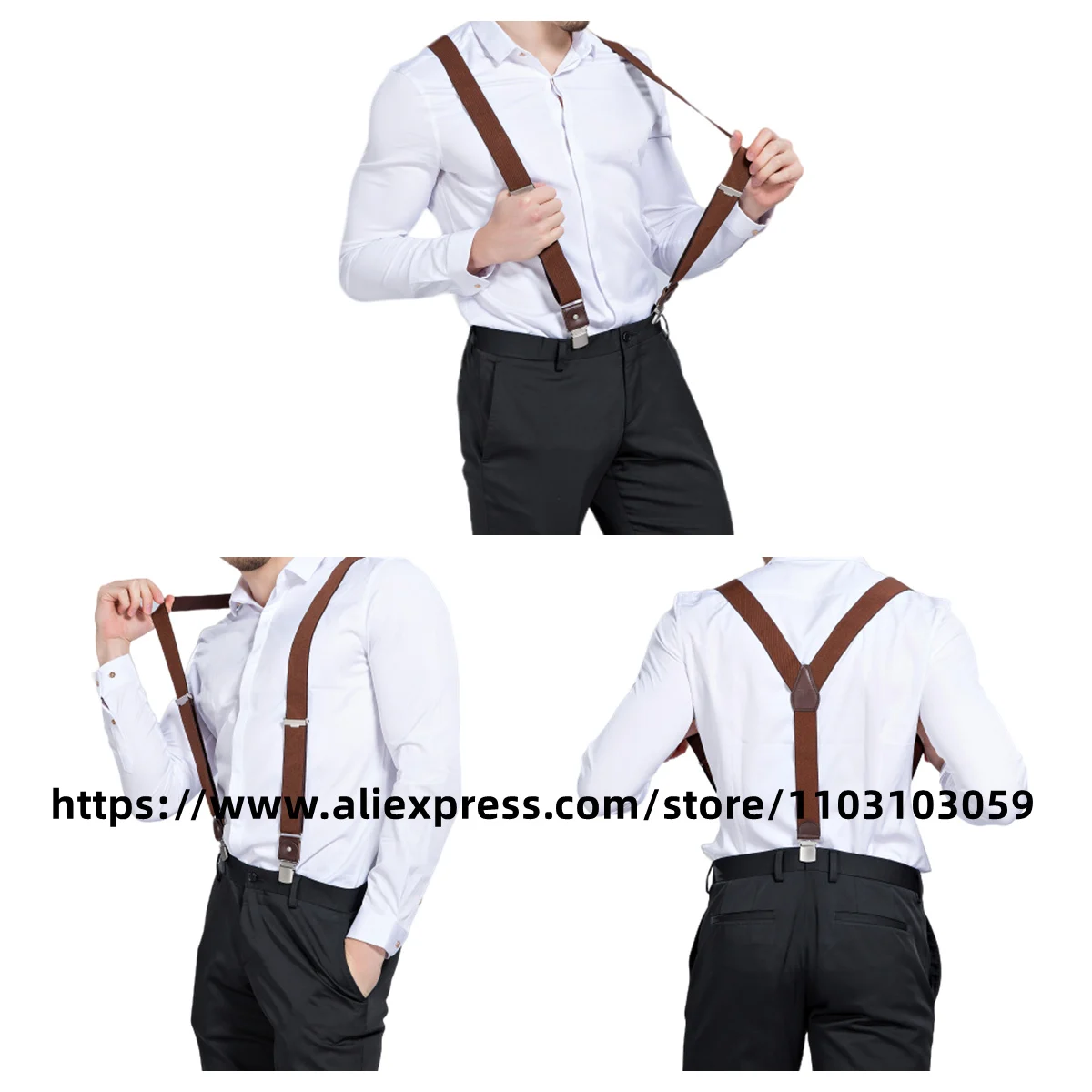 3.5CM Suspender Pria berbentuk Y 3 klip Suspender kulit tali lebar kualitas tinggi kotak klip diperkuat elastis kemasan B0842