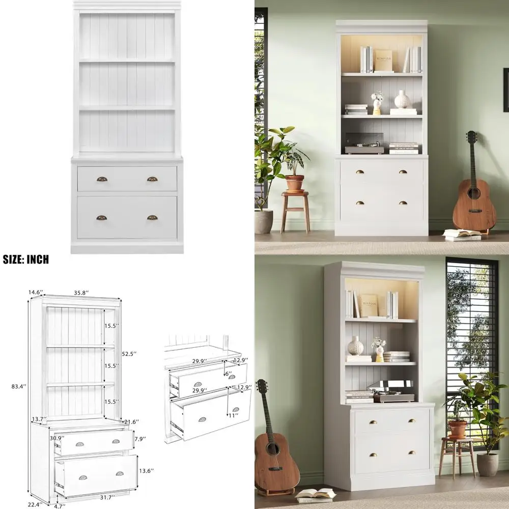 رف كتب حديث طويل القامة بإضاءة LED مع درجين و3 أرفف لتخزين غرفة المعيشة وتنظيم المنزل #1