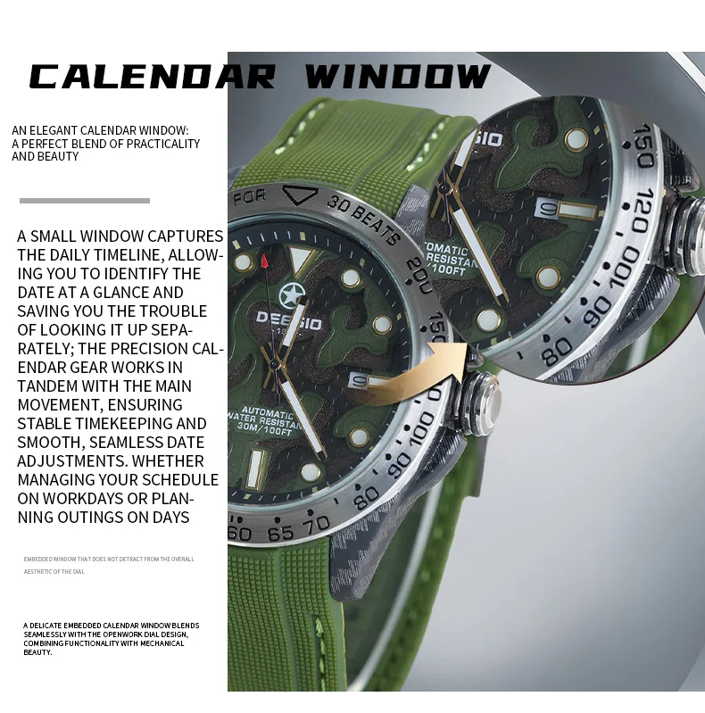 Dessio Men's Automatic Mechanical Watch | Upgrade Carbon Fiber Case Sturdy & Durable About 80g | 30M Waterproof | Luminous Dial | Date & Day Display | Trendy & Elegant Design for Business/Casual/Outdoor | Silicone Green Watch Strap | Lightweight & Sport |