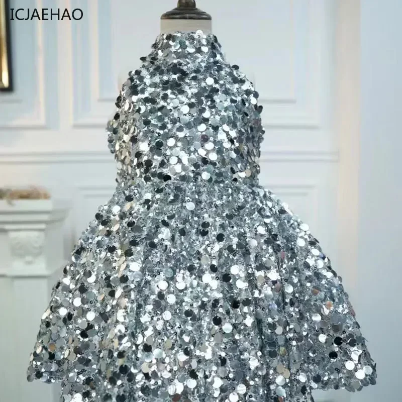 2025 Silver Sequins Girls Dress Children Party Birthday Host Model Catwalk Princess Elegant Dresses Female Child Clothes Vestido