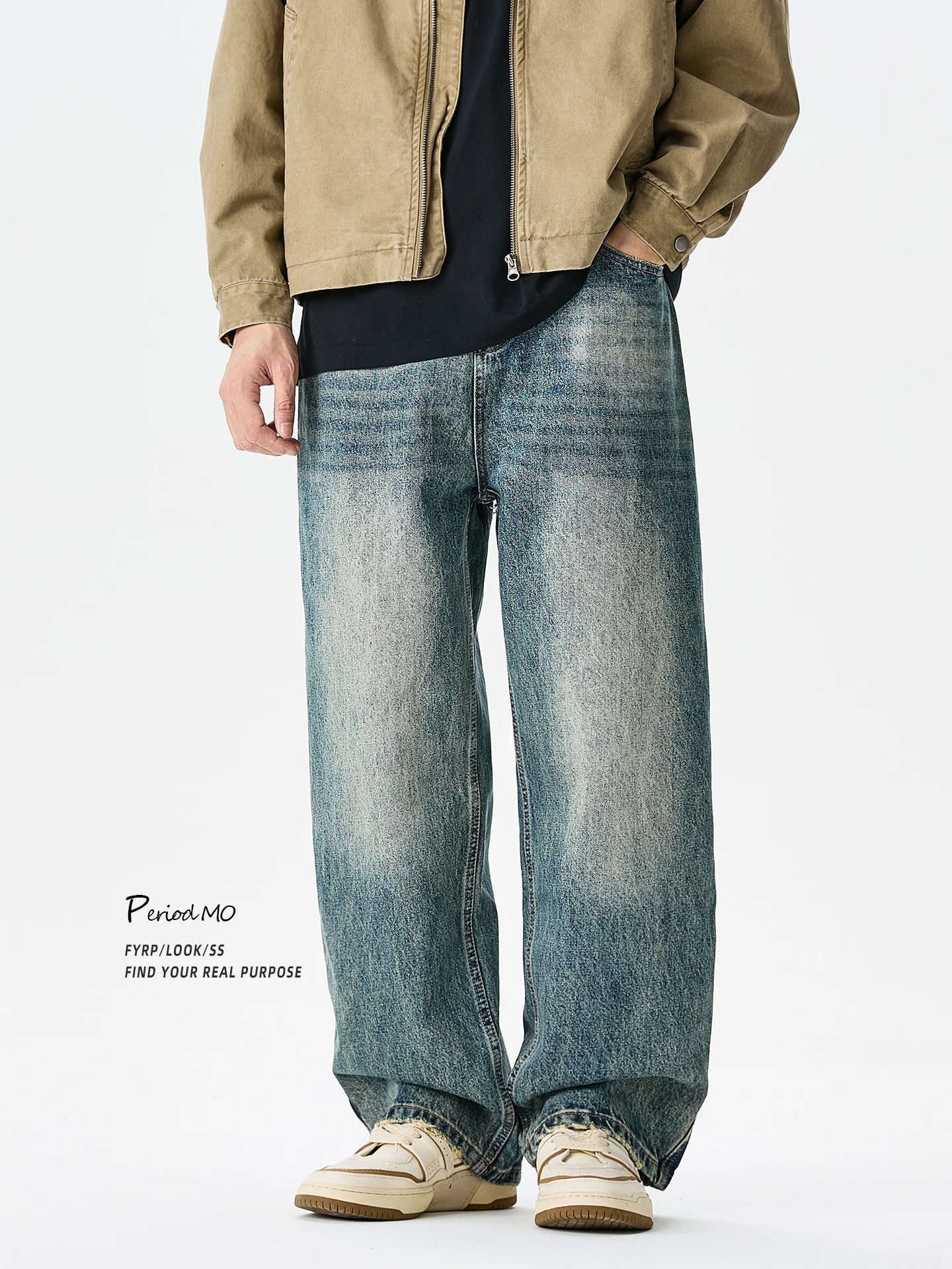 

FYRP American Style Side Seam Patchwork Worn Straight Leg Jeans Men's Trendy Loose Wide Leg Pants Cotton Casual Trousers