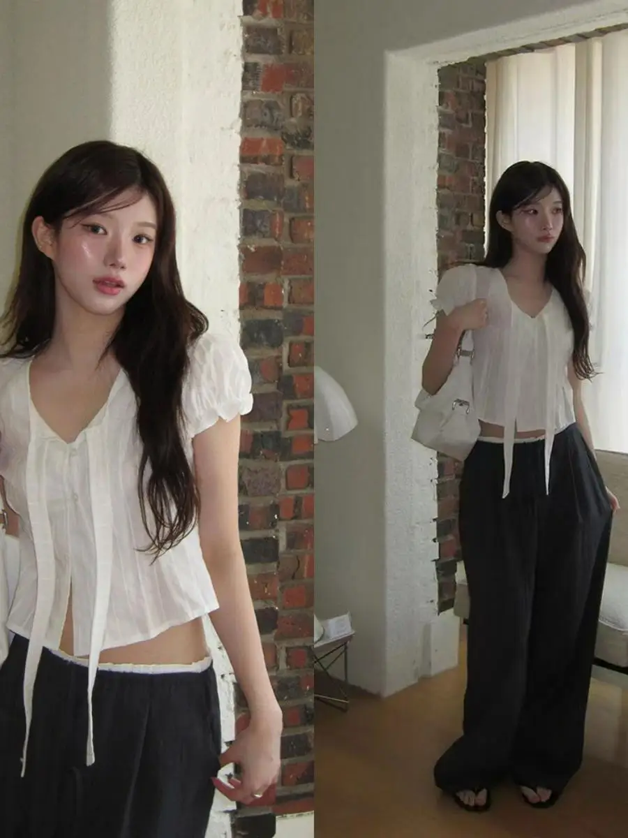 

Casual Style V-neck Bubble Sleeve Short Shirt Women's Loose Wide Leg Pants Color Block Contrast Loose Fit Cotton Shirt