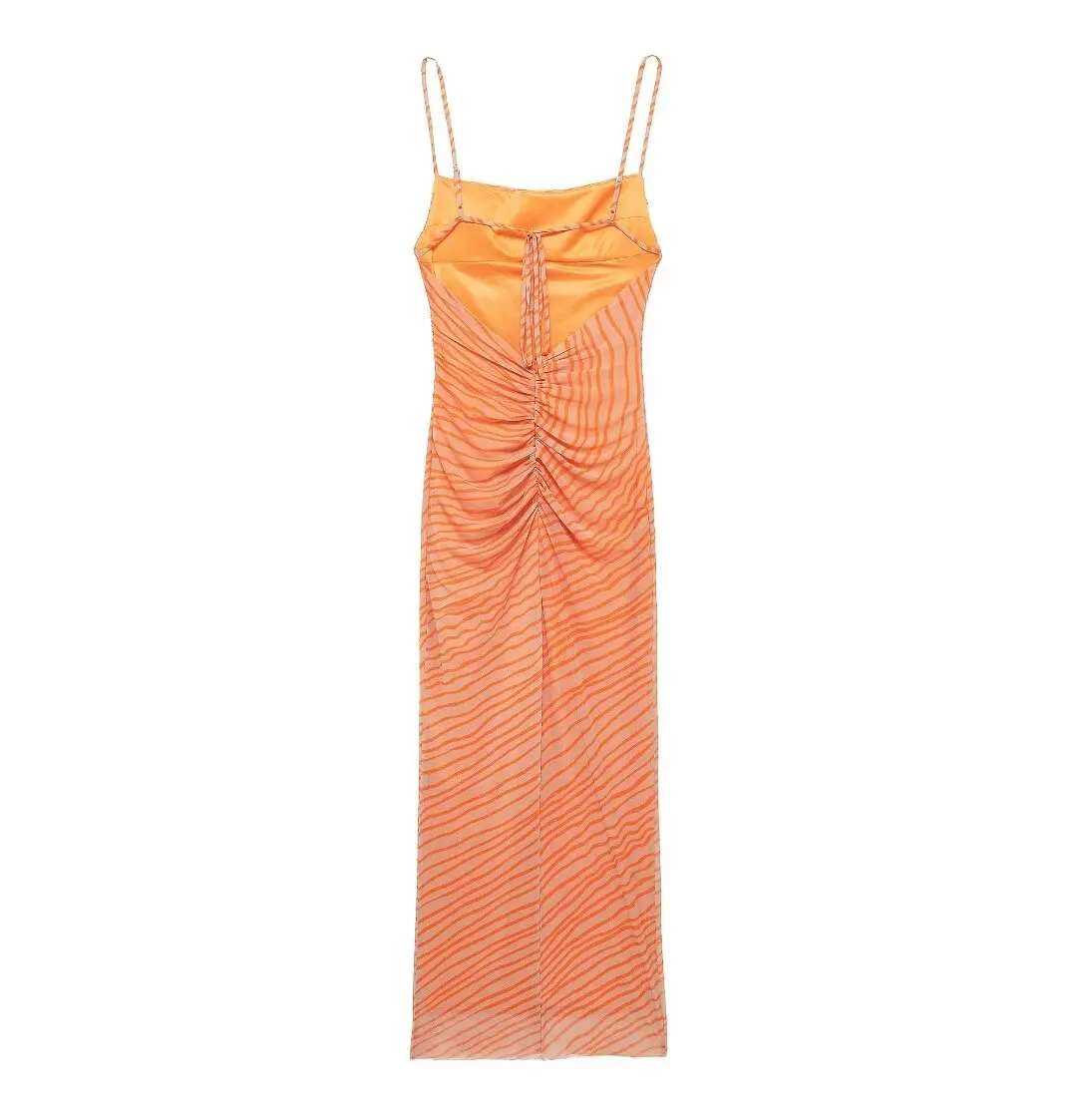 Tangada 2024 Women Orange Print Mesh Dress Sleeveless Ladies Long Dress 3H0566