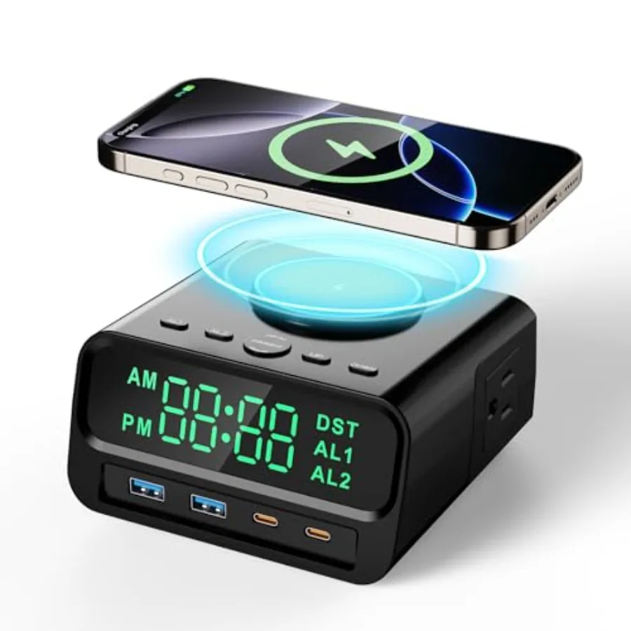 

Digital Alarm Clock with Magsafe Wireless Charging 15W for Bedroom, Nightstand Dorm Room Hotel Clock, 4 USB AandC 55W Fast Char