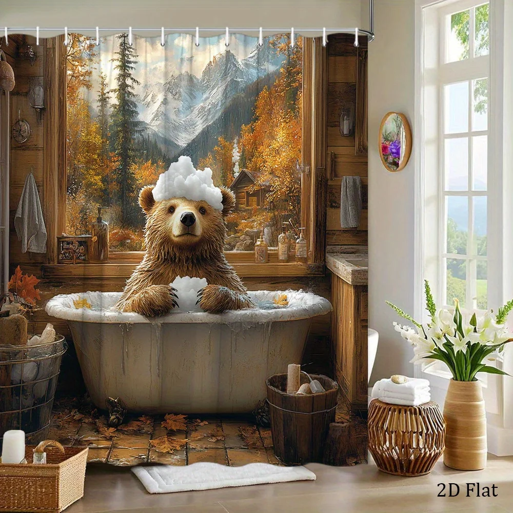 A Single Shower Curtain Depicting a Fluffy Brown Bear Relaxing in a Vintage Clawfoot Bathtub, Surrounded by Bubbles, Set Against