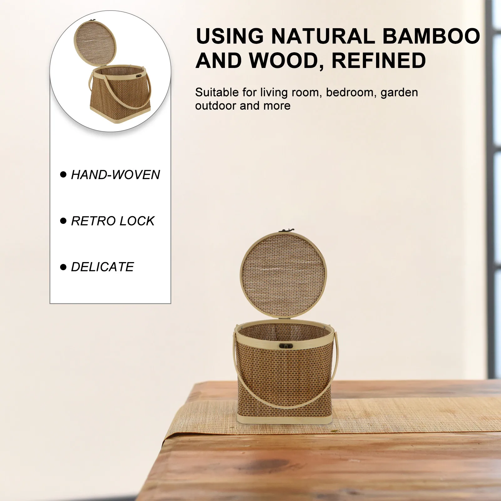 Cesta de almacenamiento tejida de bambú, artesanía exquisita, sin rebabas, asas portátiles, tapa con cierre para productos secos, huevos, regalos, frutas, 1 ud.