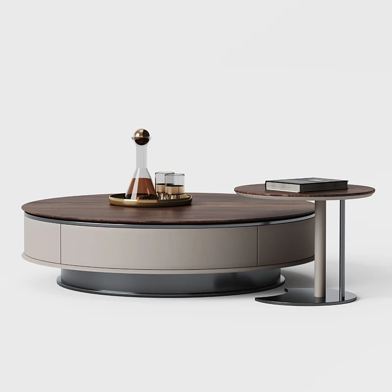 

Italian solid wood coffee table, round high-end large and small apartment living room walnut light luxury high-end coffee tab