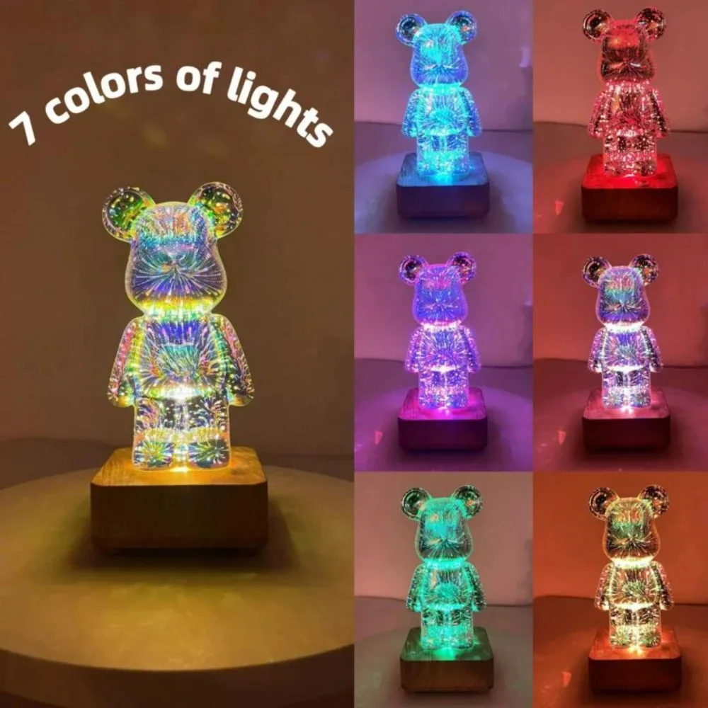 LED Glass Bear Figure Aesthetic 3D Firework Projector Lamp Statue Color Changeable Bear Figurine Sculpture Bedroom Decoration