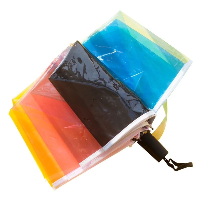 Transparent Umbrella Korea Girl Gifts Rainbow Color Travel Women Windproof Three Folding Clear Automatic Rain Umbrellas