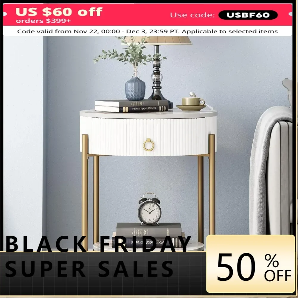 

Modern End Table with Storage Drawer, Round 2-Tier Nightstand with Shelf, Gold Side Table with Metal Legs for Bedroom